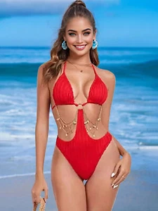 Einfarbiger einteiliger Badeanzug für Damen Metallkette Monokini-Bikini 2025 - Picture 1 of 18