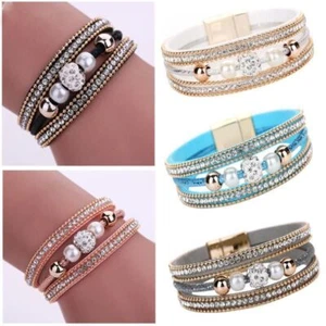 Women Multilayer Bracelet Crystal Beaded Bangles Leather Magnetic Bracelets 1Pc - Picture 1 of 17