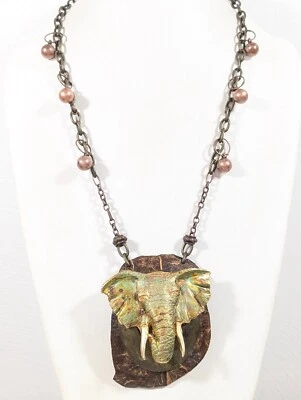 Collar artesanal tribal latón elefante pátina coco colgante cobre dije 26 pulgadas Foto 1 de 4