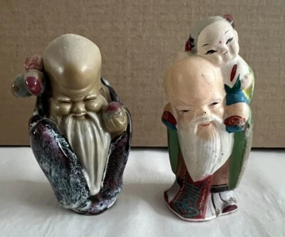 x2 Chinese Mudware Figures Of Shou Xing Gong - God Of Longevity H12cm - Image 1 of 4
