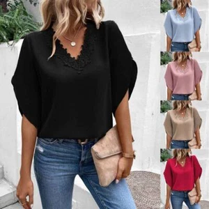Pullover Tops Elegant Half Sleeve Lace V Neck Blouse Solid Color Women's - Picture 1 of 12
