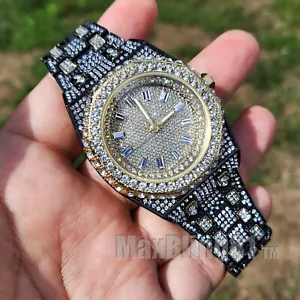 Men Gold Plated Stainless Steel Two Tone Simulated Diamond Full Iced Band Watch - Picture 1 of 4