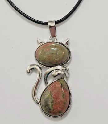 Collar Colgante Tono Plateado Natural Unakita Gatito Gatito Cordón Negro Moda Foto 1 de 4