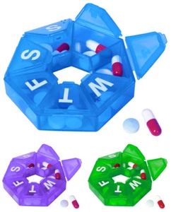 Paquete de 3 tarjetas medianas de bonificación organizadoras de píldoras de siete lados azules, verdes y moradas - Imagen 1 de 1