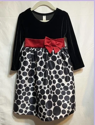 Cherokee Vestido Largo Formal Vacaciones Niñas 4 Negro Terciopelo Lunares Rojo Corbata Cinturón Foto 1 de 4