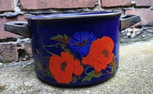 alter Email Topf Pflanzgefäß Emaille  Blumentopf DDR Mohnblumen Garten Blau - Bild 1 von 8
