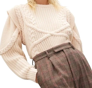 Sweater Ronny Kobo Cable Knit  Braiding Detail Crewneck Long Sleeve Ivory  Small - Picture 1 of 10