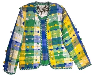 Vtg Crystal Jacket Wearable Art Embellished Hand Woven Sz S Yellow Green Blue - Picture 1 of 14