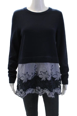 Elie Tahari 女式羊毛分层细节针织圆领毛衣蓝色 S 码 — 第 1/4 张图片