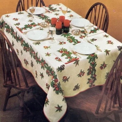 Vintage Bucilla Christmas Tablecloth Holiday Ornaments 60x85 Oval - Image 1 of 4