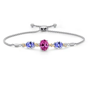 925 Silver and 10K Yellow Gold Pink Created Sapphire and Tanzanite and White - Picture 1 of 5