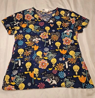 Looney Tunes Tweety Bird & Sylvester Scrub Top Women’s Size M Blue V-Neck - Image 1 of 4