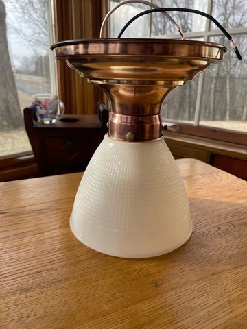 Mid Century Flush Mount Light Fixture, Brass Base, Milk Glass Shade, Free S/H Cover