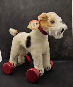 1940s Steiff Fox Terrier "Foxy" Dog Plush On Red Wooden Wheels