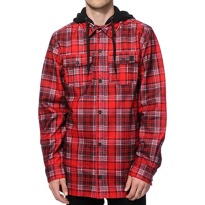 NWT MENS VOLCOM FIELD BONDED FLANNEL JACKET $100 S Red hooded waterproof - Image 1 of 3