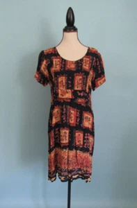 Vestido Talla M-VINTAGE Estampado Floral Negro + Naranja Cuello Redondo Botones Cintura Imperio - Imagen 1 de 9