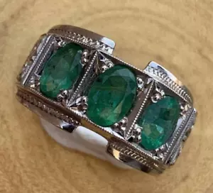 Natural Vivid Green Emerald Mens Ring Sterling Silver 925 Ring Handmade Emerald - Picture 1 of 5