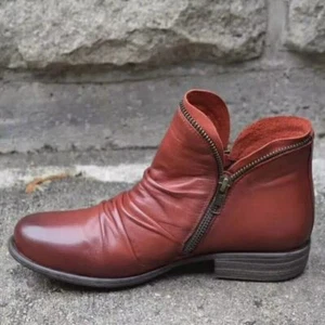 Women's Solid Flat Heel Zipper Leather Ankle Boots Casual Round Toe Shoes Size - Imagen 1 de 10
