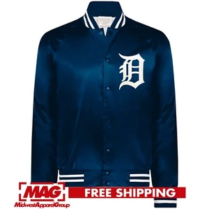 DETROIT D EMBROIDERED TWILL SATIN NAVY BASEBALL JACKET STRIPED TRIM Tigers Mlb - Picture 1 of 3