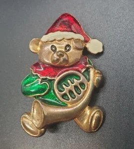 Christmas Brooch Teddy Bear Music Trumpet Gold Tone Enamel Pin Gift Vintage - Picture 1 of 4
