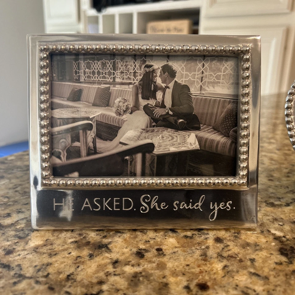 Mariposa Recycled Metal Beaded Photo Frame Silver Tone " He Asked She Said Yes! - Image 1 of 4