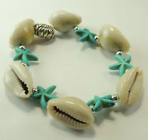 Turquoise Howlite Starfish Stretch Bracelet with Cowrie Shells Handmade Jewelry - Picture 1 of 1