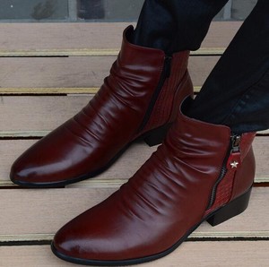 Retro men's Dress Formal pointy toe casual shoes cuban heel zip up ankle boots 