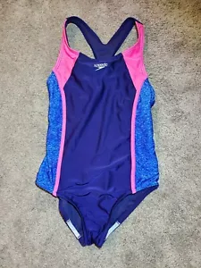 Speedo Bademode Mädchen (Large) blau Colorblock Einteiler Logo Racerback Badeanzug - Bild 1 von 3