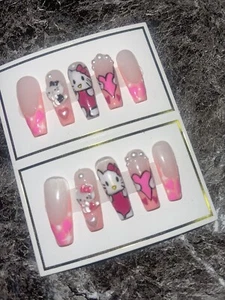 Hello Kitty Handpainted Presson Nails. Prep Kit Included - Picture 1 of 3