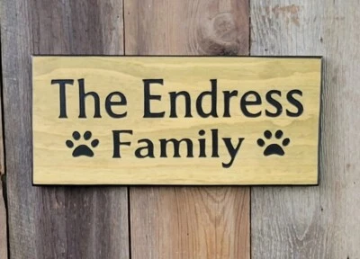 Personalized Family Name with Paw Print Hand Carved Wooden Sign Dog Lovers Gift - Image 1 of 4
