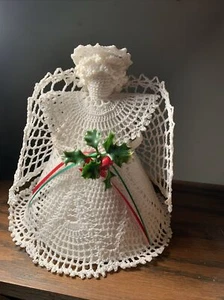 Vintage White Hand Crocheted Starched  Doily Angel Tree Topper 8” Christmas - Picture 1 of 4