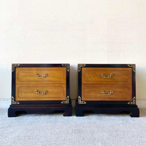 Vintage Chinoiserie Burl and Black Nighstands by Bassett Furniture - a Pair Cover
