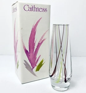 CAITHNESS Art Glass Bud Vase Swirled Lines Purple Green 6" Vintage SCOTLAND Box - Picture 1 of 16