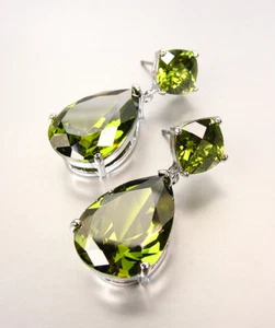 STUNNING Pear Shaped Olive Green Crystals Silver Dangle Post Earrings - Picture 1 of 4