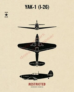 WWII USSR Russian Yakovlev Yak-1 Fighter Aircraft Recognition Poster V-1 - Picture 1 of 7