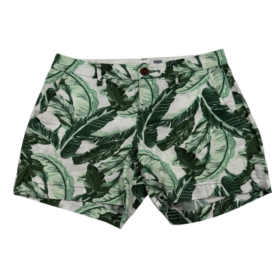 "Pantalones Cortos Diarios Antiguos Azul Marino Hoja Verde Frente Plano 5"" Talla 0 Mezcla de Lino Plantas" Foto 1 de 4