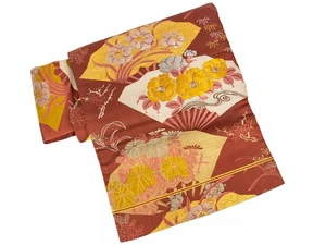 VTG Nagoya Obi Rusty Red Brocade Golden Suisen Fan Design - Picture 1 of 4