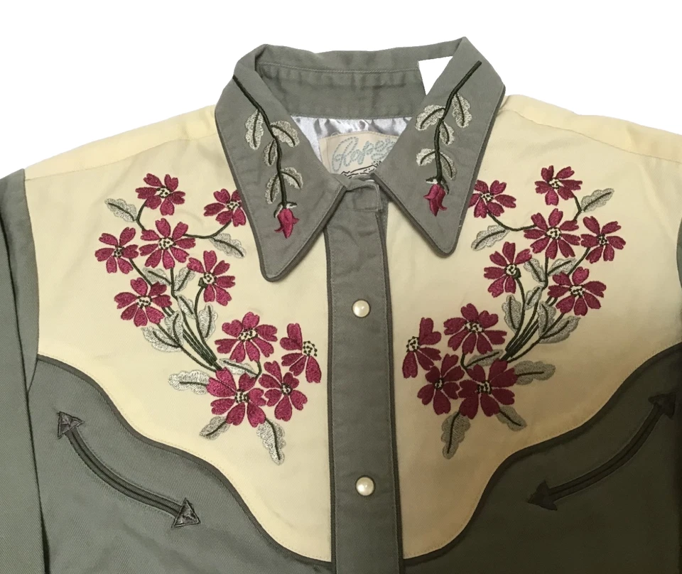 Camisa Western Vintage Roper Denver Verde Mujer LG Floral Bordada Perla A Presión Foto 1 de 4