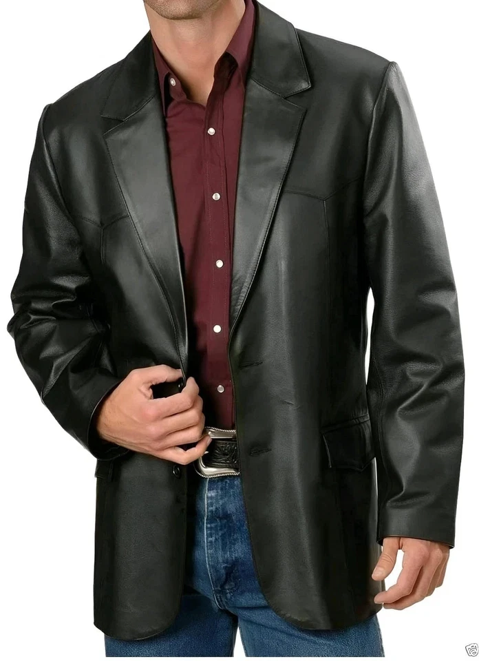 Classic Men's Black Genuine Lambskin Leather Blazer Two Button Western StyleCoat - Image 1 of 4