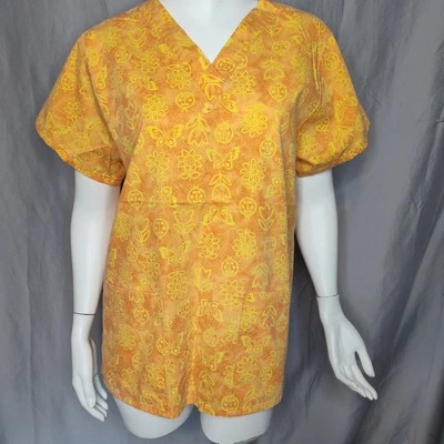 Mujer Top Exfoliante Naranja Mariposa Flores Manga Corta Bolsillos S-Med Cuello en V Foto 1 de 4