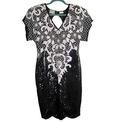 Vintage 80s Stenay Cocktail Dress Beaded Sequin Silk Black White SMALL/MEDIUM - Image 1 of 4