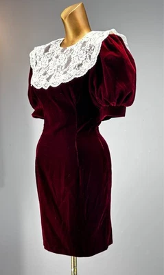 80s Balloon Puff Sleeve Velvet Dress Lace Collar Jessica McClintock Goth Holiday - Image 1 of 4