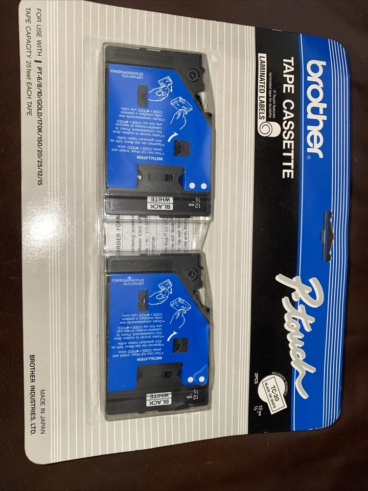 Brother TC20 Black on White P-touch Tape Cassette 1/2" 2 Pack MADE IN JAPAN New - Image 1 of 1