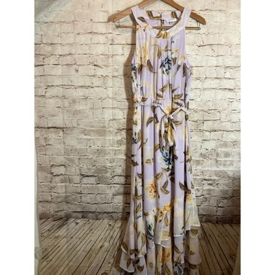 Calvin Klein Maxi Dress 12 Tiered Florals Chiffon Purple Ruffle Hem Tropical - Image 1 of 4
