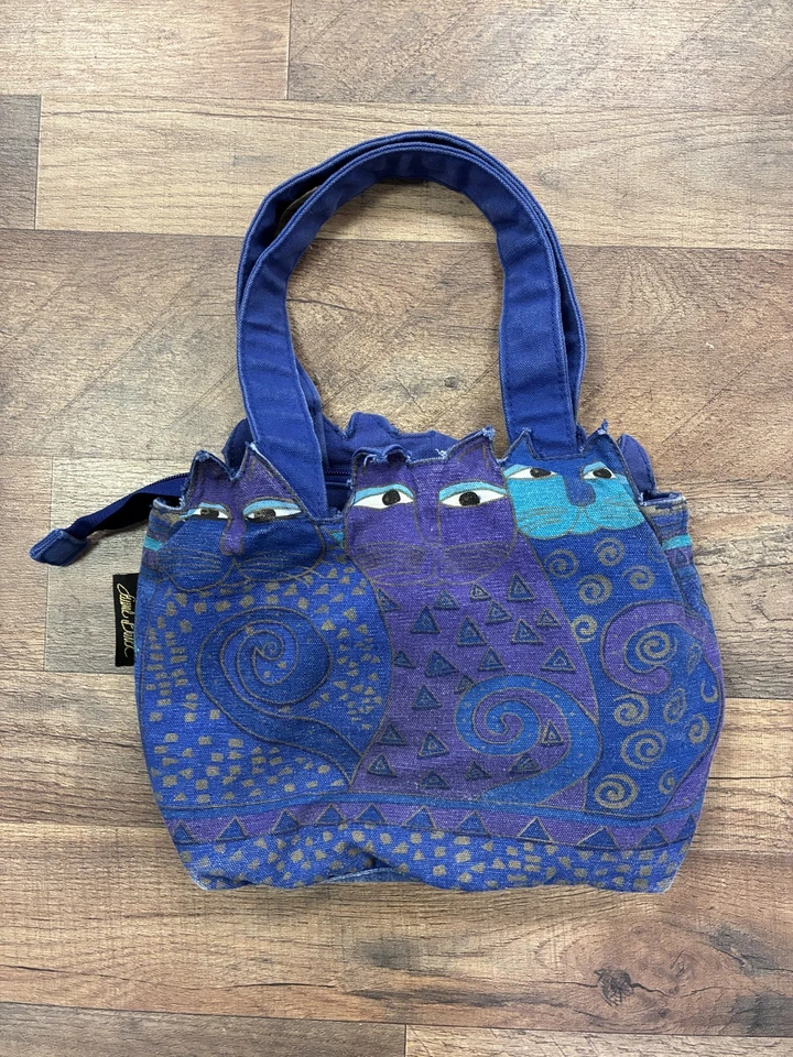 Vintage Laurel Burch Indigo Cats Blue Purse Tote Bag Whimsical Boho Hippie Y2K - Image 1 of 4