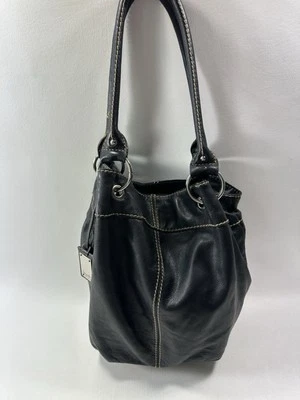 Tignanello Black Leather Handbag Purse Soft Boho Bag Striped Inside - Image 1 of 4