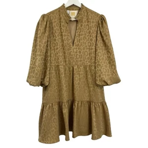 Emily McCarthy Frankie Dress In Camel Cheetah Pockets Lined Puff Sleeve Size M - Picture 1 of 5