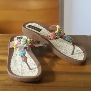 Grandco Size 6 NEW Sandals Rainbow Beaded Thong Flip Flop Brown Foam Cork - Picture 1 of 5
