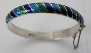 Vintage Thailand Sterling Blue & Green Barber Pole Swirl Style Enamel Bracelet - Picture 1 of 8