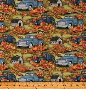 Cotton Blue Trucks Pumpkins Fall Blue Fabric Print by Yard D515.42 - Picture 1 of 1
